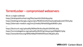 TorrentLocker – compromised webservers
96 on a single outbreak
hxxp://ahaliapublicschool.org/files/awmGz1ZvAL4zyy.php
hxxp://alokitogrambangla.org/jscripts/P8sMnGioHtzHwwlvzqklwqGuUeh7Z54.php
hxxp://alternativ-medizin.org/cms2/media/WHw0iGEgoEdkWEn.php
...
hxxp://ttcchurch.org/uploadify/ND4wLfkrAizuISqskln2AX2WJ.php
hxxp://turismodegalicia.org/uploadify/dh4F61g7aAupmqaiEDKgNZcY.php
hxxp://www.bkmlaw.org/8XNjrWBqEIFXWA45N1eoCrBCjpGx.php
 