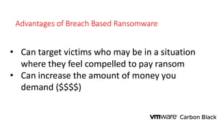 Advantages of Breach Based Ransomware
• Can target victims who may be in a situation
where they feel compelled to pay ransom
• Can increase the amount of money you
demand ($$$$)
 