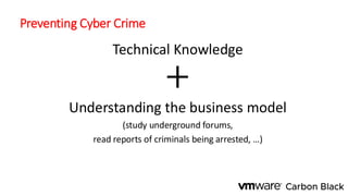 Preventing Cyber Crime
Technical Knowledge
+
Understanding the business model
(study underground forums,
read reports of criminals being arrested, …)
 