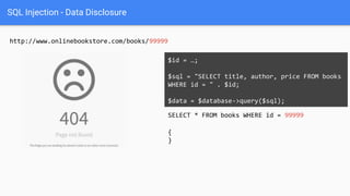 SQL Injection - Data Disclosure
http://www.onlinebookstore.com/books/99999
SELECT * FROM books WHERE id = 99999
$id = …;
$sql = "SELECT title, author, price FROM books
WHERE id = " . $id;
$data = $database->query($sql);
{
}
 
