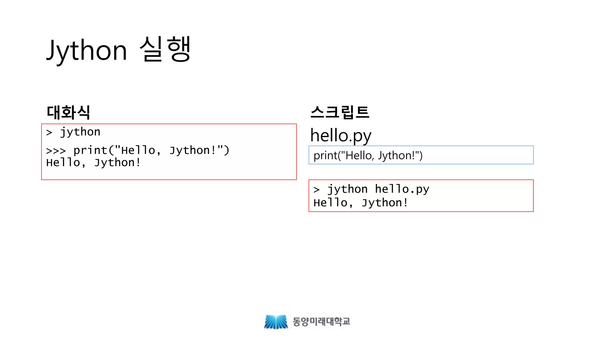 Jython 실행
대화식
> jython
>>> print("Hello, Jython!")
Hello, Jython!
스크립트
hello.py
print("Hello, Jython!")
> jython hello.py
Hello, Jython!
 