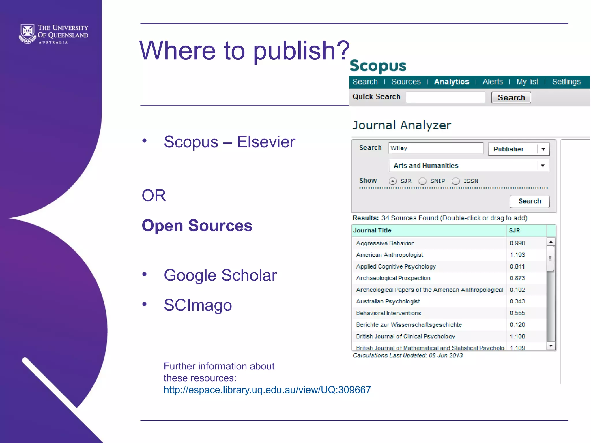 Where to publish?

•

Scopus – Elsevier

OR
Open Sources
•

Google Scholar

•

SCImago

Further information about
these resources:
http://espace.library.uq.edu.au/view/UQ:309667

 