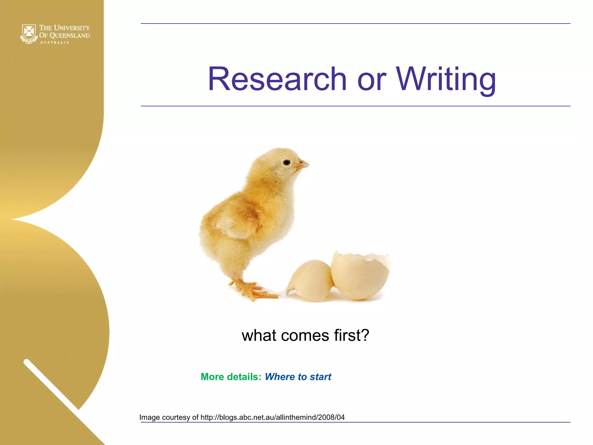 Research or Writing

what comes first?
More details: Where to start

Image courtesy of http://blogs.abc.net.au/allinthemind/2008/04

 
