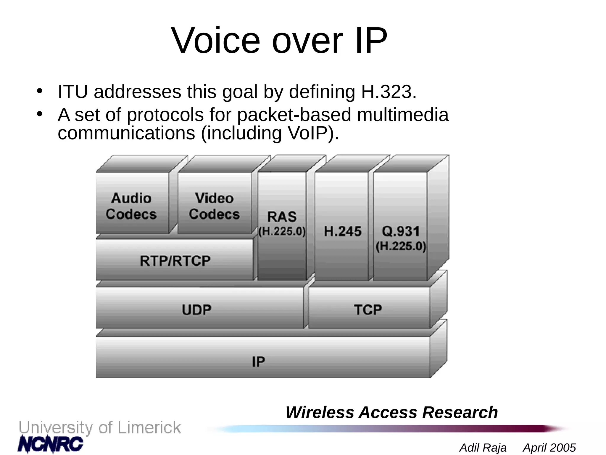 Wireless Access Research
Adil Raja April 2005
Voice over IP
• ITU addresses this goal by defining H.323.
• A set of protocols for packet-based multimedia
communications (including VoIP).
 