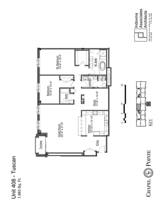 Unit 408 - Tuscan
1,983 Sq. Ft.




                    Terrace

                                                                     Bedroom
                                                                     14'-8" x 10'-4"

                                                                                       M. Bedroom
                              Great Room                                               13'-6" x 18'-4"
                              25'-4" x 21'-6"
                                                                  Bath




                                  Kitchen                                    Laundry
                                  12'-10" x 13'-10"
                                                           Study
                                                                                         M. Bath
                      Entry                                11'-6" x 12'-8"




                                           0          5'    10'               20'




                                                                                                                           Indovina
                                                                                                                           Associates
                                                                                                                           Architects
                                                                                                         5880 Ellsworth Ave. Pittsburgh, PA 15232
                                        KEY                                                              412.363.3800              F 412.363.0483
 