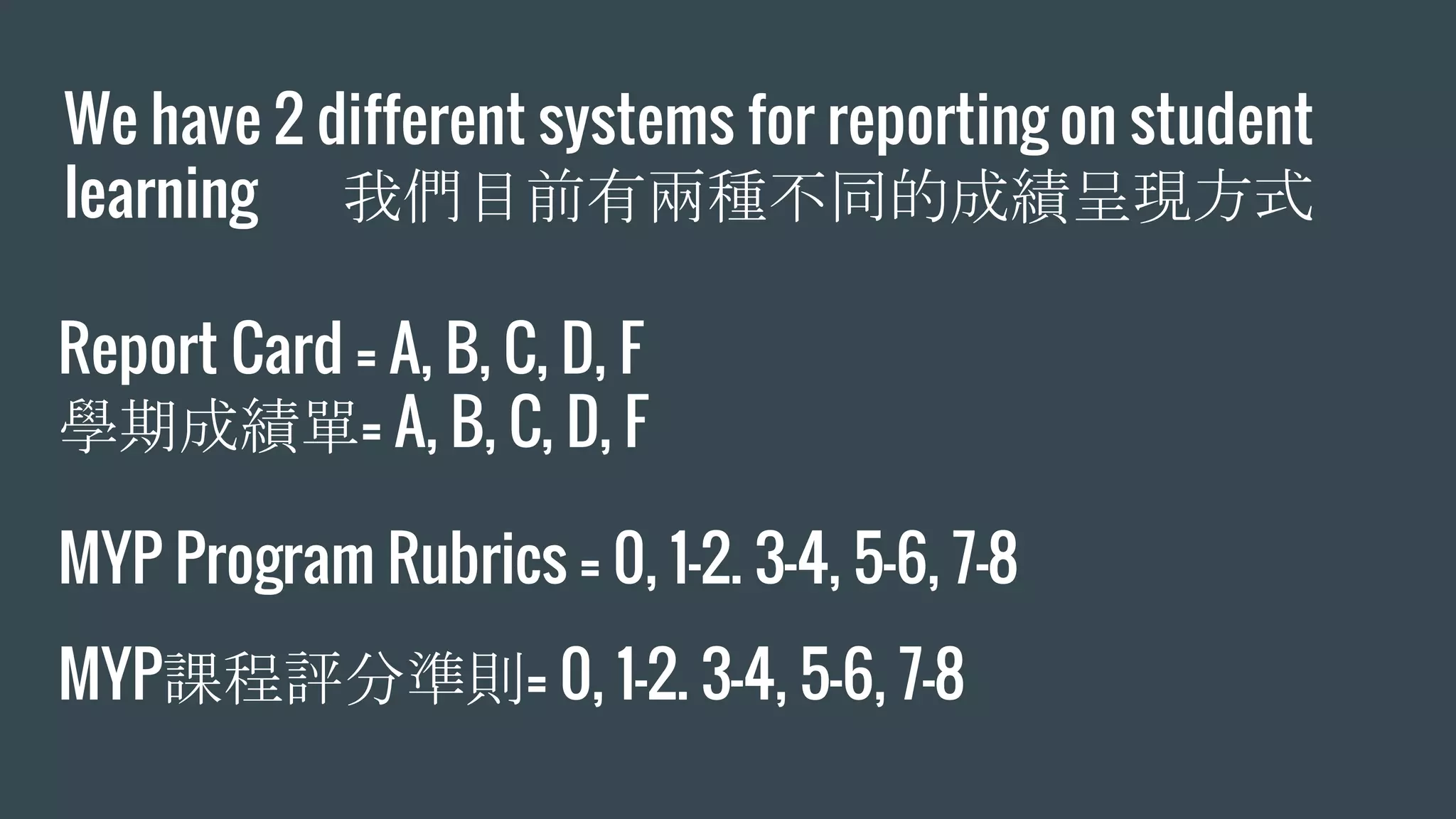 We have 2 different systems for reporting on student
learning 我們目前有兩種不同的成績呈現方式
Report Card = A, B, C, D, F
學期成績單= A, B, C, D, F
MYP Program Rubrics = 0, 1-2. 3-4, 5-6, 7-8
MYP課程評分準則= 0, 1-2. 3-4, 5-6, 7-8
 