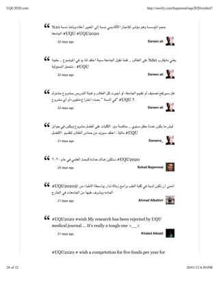 UQU2020.com                                                        http://storify.com/bajammal/uqu2020/embed?




              “   %10
                          #UQU #UQU2020
                    22 days ago                                    Dareen ali




              “      ..


                    22 days ago
                                  #UQU
                                                        ..         %60


                                                                   Dareen ali




              “             -
                    22 days ago
                                   -     -   "    " #UQU ?
                                                                   Dareen ali




              “     21 days ago
                                                        ..
                                                       #UQU
                                                                    Dareena_




              “     25 days ago
                                                  #UQU2020
                                                             Sohail Bajammal




              “   #UQU2020@


                    21 days ago                               Ahmad Alkathiri




              “   #UQU2020 #wish My research has been rejected by UQU
                  medical journal ... It's really a tough one >__<
                    21 days ago                                Khaled Albazli




                  #UQU2020 # wish a competetion for five funds per year for


28 of 32                                                                                    20/01/12 8:50 PM
 
