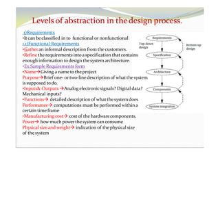 Levels of abstraction in thedesign process.
1)Requirements
•It can beclassified in to functional or nonfunctional
1.1)Functional Requirements
•Gatheran informal description from thecustomers.
•Refine the requirements into a specification thatcontains
enough information todesign the systemarchitecture.
•Ex:Sample Requirements form
•NameGiving a name to the project
PurposeBrief one- or two-line description of what thesystem
is supposed todo.
•Inputs& Outputs Analog electronicsignals? Digital data?
Mechanical inputs?
•Functions detailed descriptionof what the systemdoes
Performance computations must be performed within a
certain time frame
•Manufacturing cost costof the hardwarecomponents.
Power how much powerthe systemcan consume
Physical sizeand weight indication of the physical size
of the system
 