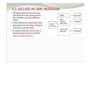 3.1.2)CLASS IN UML NOTATION
⚫ All objectsderived from the same
class have thesamecharacteristics,
but attributes may have different
values.
⚫ It also defines the operations that
determine how the object interacts
with the restof the world.
⚫ It defines both the interface for a
particulartype of objectand that
object’simplementation.
 