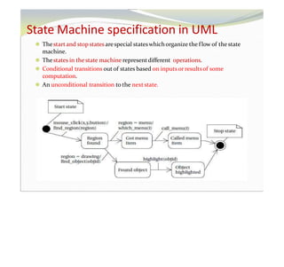 State Machine specification in UML
⚫ Thestartand stop states arespecial stateswhichorganize the flow of the state
machine.
⚫ Thestates in the state machine representdifferent operations.
⚫ Conditional transitions out of states based on inputs orresultsof some
computation.
⚫ An unconditional transition to the next state.
 
