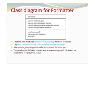 Class diagram for Formatter
⚫ The formatter holds the current control settings forall of the trains.
⚫ The send-command servesas the interface to the transmitter.
⚫ The operate function performs the basicactions for theobject.
⚫ The panel-active behavior returns true wheneverthe panel’svalues do not
correspond to thecurrentvalues
 