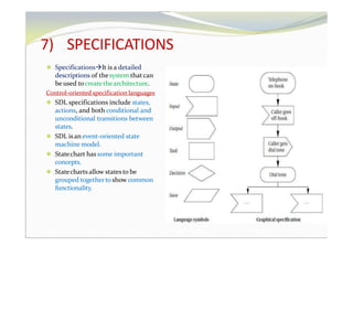 7) SPECIFICATIONS
⚫ SpecificationsIt is a detailed
descriptions of thesystem thatcan
be used tocreate thearchitecture.
Control-oriented specification languages
⚫ SDL specifications include states,
actions, and both conditional and
unconditional transitions between
states.
⚫ SDL isan event-oriented state
machine model.
⚫ Statechart has some important
concepts.
⚫ Statecharts allow states to be
grouped togetherto show common
functionality.
 