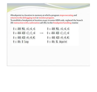 Breakpoint is a location in memoryatwhicha program stops executing and
returns to thedebugging tool or monitor program.
Toestablisha breakpointat location 0x40c in some ARM code, replaced the branch
(B) instruction with a subroutinecall (BL) to the breakpoint handling routine
 
