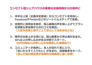 コンセプト型シェアハウスの集客は企画段階から計画的に

１．半年以上前（企画決定直後）からコンセプトを告知し、
  FacebookやTwitterなどのソーシャルメディアで拡散。
２．定期的に説明会を開き、関心顧客の声を吸い上げてプラン
  を調整＆参加者からの口コミを創出。
  （入居予定者と話すことで安心して決めるなども）

３．物件が出来上がる頃には、関心顧客から申込者が生まれ、
  50%以上の申し込みがある状態でスタート。
  （OPEN時96%の申し込みを獲得した実績あり）
４．コミュニティが成熟し、友人が訪れて気に入り、
  「空いたらすぐ⼊りたい」が⽣まれ、⾼稼働率をキープ。
  （住んだ後の満⾜度が⻑期的な稼働率に強く影響）
 