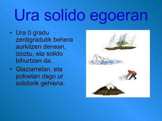 Ura solido egoeran Ura 0 gradu zentigradutik behera aurkitzen denean, izoztu, eta solido bihurtzen da. Glaziarretan, eta poloetan dago ur solidorik gehiena.  