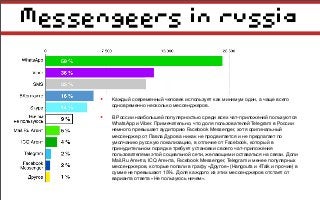 Messengeers in russia
• Каждый современный человек использует как минимум один, а чаще всего
одновременно несколько мессенджеров.
• В России наибольшей популярностью среди всех чат-приложений пользуются
WhatsApp и Viber. Примечательно, что доля пользователей Telegram в России
немного превышает аудиторию Facebook Messenger, хотя оригинальный
мессенджер от Павла Дурова никак не продвигается и не предлагает по
умолчанию русскую локализацию, в отличие от Facebook, который в
принудительном порядке требует установки своего чат-приложения
пользователями этой социальной сети, желающими оставаться на связи. Доли
Mail.Ru Агента, ICQ Агента, Facebook Messenger, Telegram и менее популярных
мессенджеров, которые попали в графу «Другое» (Hangouts и 4Talk и прочие) в
сумме не превышают 15%. Доля каждого из этих мессенджеров отстает от
варианта ответа «Не пользуюсь ничем».
 