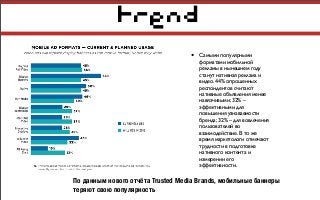 trend
• Самыми популярными
форматами мобильной
рекламы в нынешнем году
станут нативная реклама и
видео. 44% опрошенных
респондентов считают
нативные объявления менее
навязчивыми; 32% –
эффективными для
повышения узнаваемости
бренда; 32% – для вовлечения
пользователей во
взаимодействие. В то же
время маркетологи отмечают
трудности в подготовке
нативного контента и
измерении его
эффективности.
По данным нового отчёта Trusted Media Brands, мобильные баннеры
теряют свою популярность
 