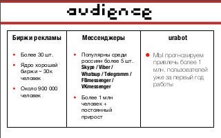 audience
• Более 30 шт.
• Ядро хорошей
биржи ~ 30к
человек
• Около 900 000
человек
• Популярны среди
россиян более 5 шт.
Skype / Viber /
Whatsup / Telegramm /
FBmessenger /
VKmessenger
• Более 1 млн
человек +
постоянный
прирост
Биржи рекламы
• МЫ прогнозируем
привлечь более 1
млн. пользователей
уже за первый год
работы
urabotМессенджеры
 