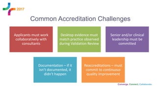 Applicants must work
collaboratively with
consultants
Desktop evidence must
match practice observed
during Validation Review
Senior and/or clinical
leadership must be
committed
Documentation – if it
isn’t documented, it
didn’t happen
Reaccreditations – must
commit to continuous
quality improvement
Common Accreditation Challenges
 