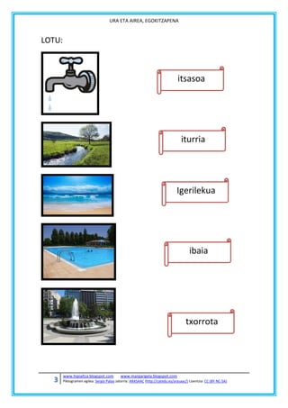 URA ETA AIREA, EGOKITZAPENA

LOTU:

itsasoa

iturria

Igerilekua

ibaia

txorrota

3

www.hipialtza.blogspot.com

www.margarigela.blogspot.com

Piktogramen egilea: Sergio Palao Jatorria: ARASAAC (http://catedu.es/arasaac/) Lizentzia: CC (BY-NC-SA)

 