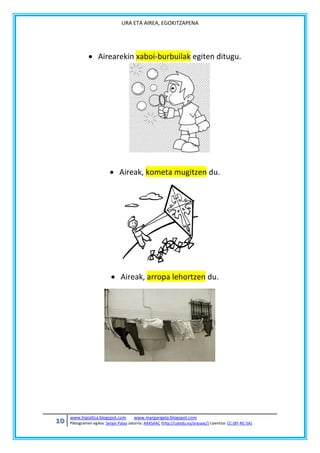 URA ETA AIREA, EGOKITZAPENA

 Airearekin xaboi-burbuilak egiten ditugu.

 Aireak, kometa mugitzen du.

 Aireak, arropa lehortzen du.

10

www.hipialtza.blogspot.com

www.margarigela.blogspot.com

Piktogramen egilea: Sergio Palao Jatorria: ARASAAC (http://catedu.es/arasaac/) Lizentzia: CC (BY-NC-SA)

 