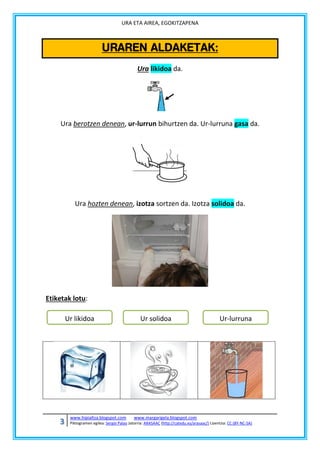 URA ETA AIREA, EGOKITZAPENA

URAREN ALDAKETAK:
Ura likidoa da.

Ura berotzen denean, ur-lurrun bihurtzen da. Ur-lurruna gasa da.

Ura hozten denean, izotza sortzen da. Izotza solidoa da.

Etiketak lotu:
Ur likidoa

3

www.hipialtza.blogspot.com

Ur solidoa

Ur-lurruna

www.margarigela.blogspot.com

Piktogramen egilea: Sergio Palao Jatorria: ARASAAC (http://catedu.es/arasaac/) Lizentzia: CC (BY-NC-SA)

 
