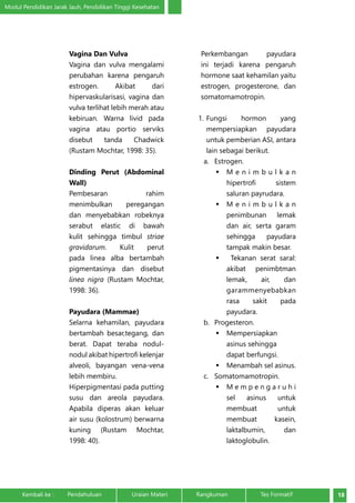 Modul Pendidikan Jarak Jauh, Pendidikan Tinggi Kesehatan 
Vagina Dan Vulva 
Vagina dan vulva mengalami 
perubahan karena pengaruh 
estrogen. Akibat dari 
hipervaskularisasi, vagina dan 
vulva terlihat lebih merah atau 
kebiruan. Warna livid pada 
vagina atau portio serviks 
disebut tanda Chadwick 
(Rustam Mochtar, 1998: 35). 
Dinding Perut (Abdominal 
Wall) 
Pembesaran rahim 
menimbulkan peregangan 
dan menyebabkan robeknya 
serabut elastic di bawah 
kulit sehingga timbul striae 
gravidarum. Kulit perut 
pada linea alba bertambah 
pigmentasinya dan disebut 
linea nigra (Rustam Mochtar, 
1998: 36). 
Payudara (Mammae) 
Selarna kehamilan, payudara 
bertambah besar,tegang, dan 
berat. Dapat teraba nodul-nodul 
akibat hipertrofi kelenjar 
alveoli, bayangan vena-vena 
lebih membiru. 
Hiperpigmentasi pada putting 
susu dan areola payudara. 
Apabila diperas akan keluar 
air susu (kolostrum) berwarna 
kuning (Rustam Mochtar, 
1998: 40). 
Perkembangan payudara 
ini terjadi karena pengaruh 
hormone saat kehamilan yaitu 
estrogen, progesterone, dan 
somatomamotropin. 
1. Fungsi hormon yang 
mempersiapkan payudara 
untuk pemberian ASI, antara 
lain sebagai berikut. 
a. Estrogen. 
 M e n i m b u l k a n 
hipertrofi sistem 
saluran payrudara. 
 M e n i m b u l k a n 
penimbunan lemak 
dan air, serta garam 
sehingga payudara 
tampak makin besar. 
 Tekanan serat saral: 
akibat penimbtman 
lemak, air, dan 
garammenyebabkan 
rasa sakit pada 
payudara. 
b. Progesteron. 
 Mempersiapkan 
asinus sehingga 
dapat berfungsi. 
 Menambah sel asinus. 
c. Somatomamotropin. 
 M e m p e n g a r u h i 
sel asinus untuk 
membuat untuk 
membuat kasein, 
laktalbumin, dan 
laktoglobulin. 
Kembali ke : Pendahuluan Uraian Materi Rangkuman Tes Formatif 18 
 