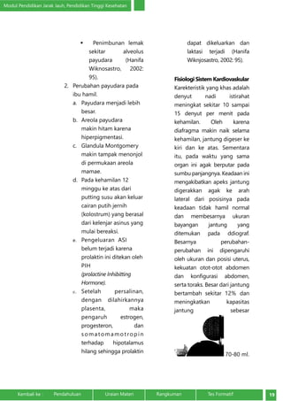 Modul Pendidikan Jarak Jauh, Pendidikan Tinggi Kesehatan 
 Penimbunan lemak 
sekitar alveolus 
payudara (Hanifa 
Wiknosastro, 2002: 
95). 
2. Perubahan payudara pada 
ibu hamil. 
a. Payudara menjadi lebih 
besar. 
b. Areola payudara 
makin hitam karena 
hiperpigmentasi. 
c. Glandula Montgomery 
makin tampak menonjol 
di permukaan areola 
mamae. 
d. Pada kehamilan 12 
minggu ke atas dari 
putting susu akan keluar 
cairan putih jernih 
(kolostrum) yang berasal 
dari kelenjar asinus yang 
mulai bereaksi. 
e. Pengeluaran ASI 
belum terjadi karena 
prolaktin ini ditekan oleh 
PIH 
(prolactine Inhibitting 
Hormone). 
e. Setelah persalinan, 
dengan dilahirkannya 
plasenta, maka 
pengaruh estrogen, 
progesteron, dan 
somatomamotropin 
terhadap hipotalamus 
hilang sehingga prolaktin 
dapat dikeluarkan dan 
laktasi terjadi (Hanifa 
Wiknjosastro, 2002: 95). 
Fisiologi Sistem Kardiovaskular 
Karekteristik yang khas adalah 
denyut nadi istirahat 
meningkat sekitar 10 sampai 
15 denyut per menit pada 
kehamilan. Oleh karena 
diafragma makin naik selama 
kehamilan, jantung digeser ke 
kiri dan ke atas. Sementara 
itu, pada waktu yang sama 
organ ini agak berputar pada 
sumbu panjangnya. Keadaan ini 
mengakibatkan apeks jantung 
digerakkan agak ke arah 
lateral dari posisinya pada 
keadaan tidak hamil normal 
dan membesarnya ukuran 
bayangan jantung yang 
ditemukan pada ddiograf. 
Besarnya perubahan-perubahan 
ini dipengaruhi 
oleh ukuran dan posisi uterus, 
kekuatan otot-otot abdomen 
dan konfigurasi abdomen, 
serta toraks. Besar dari jantung 
bertambah sekitar 12% dan 
meningkatkan kapasitas 
jantung sebesar 
70-80 ml. 
Kembali ke : Pendahuluan Uraian Materi Rangkuman Tes Formatif 19 
 