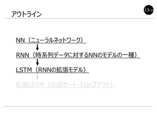 アウトライン
RNN（時系列データに対するNNのモデルの一種）
LSTM（RNNの拡張モデル）
NN（ニューラルネットワーク）
拡張LSTM（忘却ゲート・ドロップアウト）
13/30
 