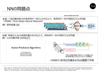 NNの問題点
問題点
認識は高精度（MLP:多層 DNN:深層）
しかしオリジナルのモデルでは
→時系列データの解析に不適当なモデル
例）動画・音声データの認識，文法解析など
人は認識できても，この後どうなるかは理解できない・・・
[A] Le, Quoc V. “Building high-level features using large scale unsupervised learning.” 2013 IEEE international conference on acoustics, speech and signal processing.
IEEE, 2013. [B] Lang, Kevin J., Alex H. Waibel, and Geoffrey E. Hinton. “A time-delay neural network architecture for isolated word recognition.” Neural networks 3.1
(1990): 23-43. [C] Vondrick, Carl, Hamed Pirsiavash, and Antonio Torralba. "Anticipating Visual Representations from Unlabeled Video."
[A]
7/30
※1）一定の幅を持たせた時系列データを入力することで，時系列データの予測を行うことが可能
（TDNN: Time-Delay Neural Network）
例）音声認識 [B]
→DNNで1秒先の行動を43%の精度で予測
予測した結果と実際に未来のフレームを認識した結
果の誤差を最小化するようにネットワークを最適化
※2）将来の入力との誤差を最小化することで，時系列データの予測行うことが可能
例）人の行動予測 (DNN)[C]
魚がサメに
見つかり追
われる
 
