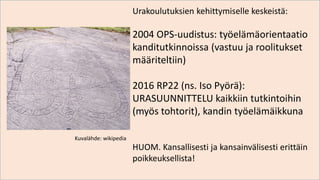 Urakoulutuksien kehittymiselle keskeistä:
2004 OPS-uudistus: työelämäorientaatio
kanditutkinnoissa (vastuu ja roolitukset
määriteltiin)
2016 RP22 (ns. Iso Pyörä):
URASUUNNITTELU kaikkiin tutkintoihin
(myös tohtorit), kandin työelämäikkuna
HUOM. Kansallisesti ja kansainvälisesti erittäin
poikkeuksellista!
Kuvalähde: wikipedia
 