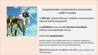 Urapalveluiden asiantuntemus koulutusten
sisälle 3 tasolla
1) OPS-työ: työelämäikkunan malleihin urasuunnittelun
näkymiä kaikilla kampuksilla
2) yksittäisen urasuunnittelukurssin suunnittelu
yhdessä vastuuopettajan kanssa
3) Kurssilla opettaminen
Keskinen tavoite ja toimintaperiaate: kurssi on ohjelman opettajan ja
urasuunnittelun asiantuntijan yhteistoteutus, jossa oma opettaja edustaa
tieteenalaa ja urapalvelut taas urasuunnitteluosaamista.
Tällaisia kursseja on vuodessa noin 50, ja niihin osallistuu noin
1900 opiskelijaa.
 