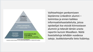 Vaihtoehtojen penkomiseen
käytämme LinkedInin alumni –
toimintoa ja ennen kaikkea
informaatiohaastatteluita, joissa
opiskelijat itse etsivät kiinnostavan
alumnin ja tekevät tämän urasta
raportin kurssin Moodleen. Näitä
haastatteluja tehdään vuodessa
satoja. Joukkoistamalla tieto lisääntyy.
 