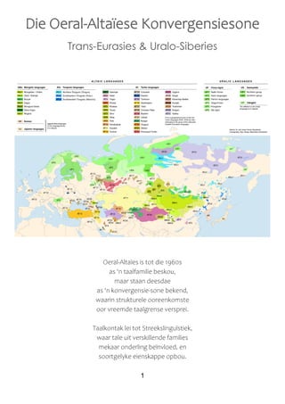 1
Die Oeral-Altaïese Konvergensiesone
Trans-Eurasies & Uralo-Siberies
Oeral-Altaïes is tot die 1960s
as ‘n taalfamilie beskou,
maar staan deesdae
as ‘n konvergensie-sone bekend,
waarin strukturele ooreenkomste
oor vreemde taalgrense versprei.
Taalkontak lei tot Streekslinguïstiek,
waar tale uit verskillende families
mekaar onderling beïnvloed, en
soortgelyke eienskappe opbou.
 
