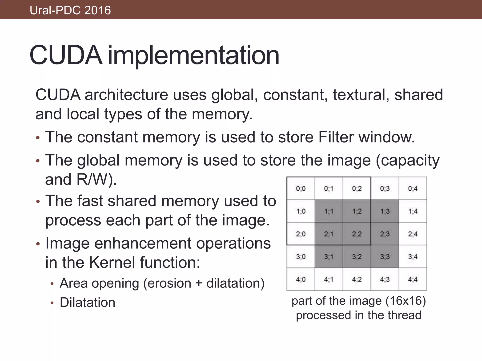 CUDA implementation
• The fast shared memory used to
process each part of the image.
• Image enhancement operations
in the Kernel function:
• Area opening (erosion + dilatation)
• Dilatation
Ural-PDC 2016
part of the image (16x16)
processed in the thread
CUDA architecture uses global, constant, textural, shared
and local types of the memory.
• The constant memory is used to store Filter window.
• The global memory is used to store the image (capacity
and R/W).
 