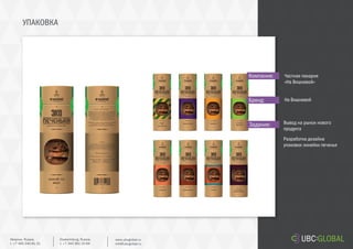 УПАКОВКА
Задание:
Компания:
Бренд:
Вывод на рынок нового
продукта
Разработка дизайна
упаковки линейки печенья
Частная пекарня
«На Вишневой»
На Вишневой
Ekaterinburg, Russia.
t. +7 343 361 33 69
www.ubcglobal.ru
info@ubcglobal.ru
Moscow, Russia.
t. +7 495 240 81 31
 