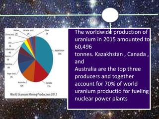 The worldwide production of
uranium in 2015 amounted to
60,496
tonnes. Kazakhstan , Canada ,
and
Australia are the top three
producers and together
account for 70% of world
uranium productio for fueling
nuclear power plants
 