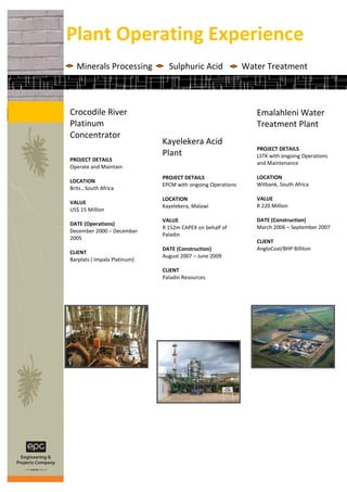 Plant Operating Experience
   Minerals Processing          Sulphuric Acid               Water Treatment



Crocodile River                                                 Emalahleni Water
Platinum                                                        Treatment Plant
Concentrator
                              Kayelekera Acid
                                                                PROJECT DETAILS
                              Plant                             LSTK with ongoing Operations
PROJECT DETAILS
                                                                and Maintenance
Operate and Maintain
                              PROJECT DETAILS                   LOCATION
LOCATION
                              EPCM with ongoing Operations      Witbank, South Africa
Brits , South Africa
                              LOCATION                          VALUE
VALUE
                              Kayelekera, Malawi                R 220 Million
US$ 15 Million
                              VALUE                             DATE (Construction)
DATE (Operations)
                              R 152m CAPEX on behalf of         March 2006 – September 2007
December 2000 – December
                              Paladin
2005
                                                                CLIENT
                              DATE (Construction)               AngloCoal/BHP Billiton
CLIENT
                              August 2007 – June 2009
Barplats ( Impala Platinum)
                              CLIENT
                              Paladin Resources
 