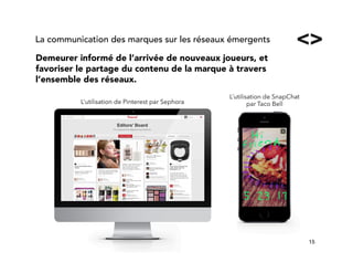 15!
Demeurer informé de l’arrivée de nouveaux joueurs, et
favoriser le partage du contenu de la marque à travers
l’ensemble des réseaux.
La communication des marques sur les réseaux émergents
L’utilisation de Pinterest par Sephora
L’utilisation de SnapChat
par Taco Bell
 