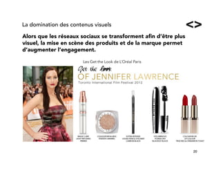 20!
Alors que les réseaux sociaux se transforment aﬁn d’être plus
visuel, la mise en scène des produits et de la marque permet
d’augmenter l’engagement.
La domination des contenus visuels
Les Get the Look de L’Oréal Paris
 