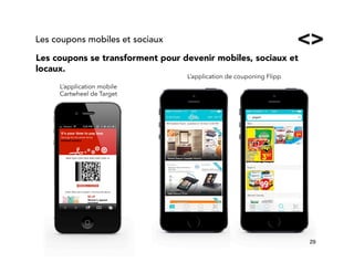 29!
Les coupons se transforment pour devenir mobiles, sociaux et
locaux. 
Les coupons mobiles et sociaux
L’application mobile
Cartwheel de Target
L’application de couponing Flipp
 