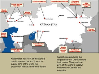 Uranium Mines! As you can see, most of the mines in the United States are located in the West. There are many mines in the United States but the country with the most mines in the world is believe it or not, is Kazakhstan! Kazakhstan produces the largest share of uranium from their mines. They produce 27% of the world’s supply! Followed by Canada and Australia . Kazakhstan has 15% of the world’s uranium resources and it aims to supply 30% of the world fuel production market in the near future. 