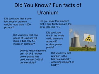 Did You Know? Fun facts of Uranium Did you know that a one-foot cube of uranium weighs more than 1,000 pounds?! Did you know that one pound of Uranium will make a ball only 1.3 inches in diameter? Did you know that there are 104 U.S nuclear power plants that produce over 20% of our electricity? Did you know that uranium that is split finely burns in the air at 300-350 ° F? Did you know that in the whole world there are about 440 nuclear power plants? Did you know that uranium is the heaviest naturally occurring element on Earth?  