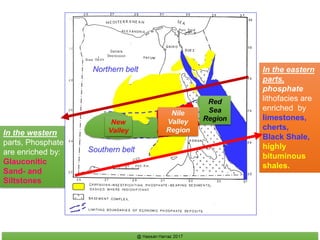 In the western
parts, Phosphate
are enriched by:
Glauconitic
Sand- and
Siltstones
In the eastern
parts,
phosphate
lithofacies are
enriched by
limestones,
cherts,
Black Shale,
highly
bituminous
shales.
 