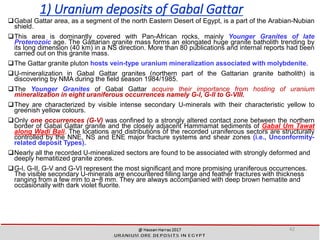 1) Uranium deposits of Gabal Gattar
Gabal Gattar area, as a segment of the north Eastern Desert of Egypt, is a part of the Arabian-Nubian
shield.
This area is dominantly covered with Pan-African rocks, mainly Younger Granites of late
Proterozoic age. The Gattarian granite mass forms an elongated huge granite batholith trending by
its long dimension (40 km) in a NS direction. More than 80 publications and internal reports had been
carried out on this granite mass.
The Gattar granite pluton hosts vein-type uranium mineralization associated with molybdenite.
U-mineralization in Gabal Gattar granites (northern part of the Gattarian granite batholith) is
discovering by NMA during the field season 1984/1985.
The Younger Granites of Gabal Gattar acquire their importance from hosting of uranium
mineralization in eight uraniferous occurrences namely G-l, G-ll to G-VIII.
They are characterized by visible intense secondary U-minerals with their characteristic yellow to
greenish yellow colours.
Only one occurrences (G-V) was confined to a strongly altered contact zone between the northern
border of Gabal Gattar granite and the closely adjacent Hammamat sediments of Gabal Um Tawat
along Wadi Bali. The locations and distributions of the recorded uraniferous sectors are structurally
controlled by the NNE, NS and ENE major fracture systems and shear zones (i.e., Unconformity-
related deposit Types).
Nearly all the recorded U-mineralized sectors are found to be associated with strongly deformed and
deeply hematitized granite zones.
G-l, G-II, G-V and G-VI represent the most significant and more promising uraniferous occurrences.
The visible secondary U-minerals are encountered filling large and feather fractures with thickness
ranging from a few mm to a~8 mm. They are always accompanied with deep brown hematite and
occasionally with dark violet fluorite.
42
 