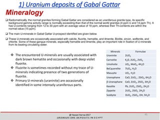 1) Uranium deposits of Gabal Gattar
Mineralogy
 Radiometrically, the normal granites forming Gabal Gattar are considered as an uraniferous granite type, its specific
background gamma activity range is normally exceeding than that of the normal world granites (4 ppm U and 14 ppm Th). It
has U-contents ranging from 12 to 30 ppm with an average value of 18 ppm, whereas their Th-contents are within the
normal value (15 ppm).
 The main U-minerals in Gabal Gattar U-prospect identified are given below.
 These U-minerals are occasionally associated with calcite, fluorite, hematite, and ilmenite. Biotite, zircon, wolfenite, and
chlorite. Some of these gangue minerals, especially hematite and ilmenite, play an important role in fixation of U-minerals
from its beating circulating water.
Minerals Formulae
Uraninite 2UO2
Carnotite K2O, 2UO2, 2VO4
Umohoite UO2, MoO4, 4H2O
BeCquerelite 7UO3, H2O
Masuyite UO3. H2O
Uranophane CaO, 2UO2 , 2SiO2, 6H2O
-Uranophane CaO, 2UO2, 2SiO2. 6H2O
Kasolite Pb, 2UO2, 2SiO2, 2H2O
Zippeite 2UO3, 2SiO2. 2H2O
Soddyite 3UO2, 2SiO4, OH, 5H2O
❖ The encountered U-minerals are usually associated with
dark brown hematite and occasionally with deep violet
fluorite.
❖ Fluorite is sometimes recorded without my trace of U-
minerals indicating presence of two generations of
fluorite.
❖ Primary U-minerals (uraninite) are occasionally
identified in some intensely uraniferous parts.
45
 