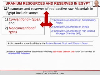 URANIUM RESOURCES AND RESERVES IN EGYPT
Resources and reserves of radioactive raw Materials in
Egypt include some:
1) Uranium Occurrences in Sedimentary
Rocks
2) Uranium Occurrences in Dykes
3) Uranium Occurrences in Pan-African
Younger Granites (YG)
➢discovered at some localities in the Eastern Desert, Sinai, and Western Desert.
1) Conventional- types,
and
2) Nonconventional
types
 Most of Egyptian uranium occurrences containing Low Grade Uranium Ores which can extracted by
Heap Leaching Techniques.
 