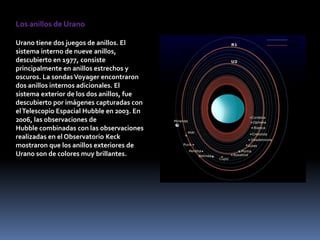Los anillos de Urano

Urano tiene dos juegos de anillos. El
sistema interno de nueve anillos,
descubierto en 1977, consiste
principalmente en anillos estrechos y
oscuros. La sondas Voyager encontraron
dos anillos internos adicionales. El
sistema exterior de los dos anillos, fue
descubierto por imágenes capturadas con
el Telescopio Espacial Hubble en 2003. En
2006, las observaciones de
Hubble combinadas con las observaciones
realizadas en el Observatorio Keck
mostraron que los anillos exteriores de
Urano son de colores muy brillantes.
 