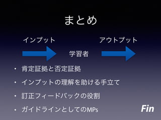 まとめ
学習者
インプット アウトプット
• 肯定証拠と否定証拠
• インプットの理解を助ける手立て
• 訂正フィードバックの役割
• ガイドラインとしてのMPs Fin
 