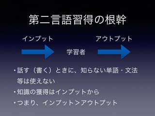 第二言語習得の根幹
学習者
インプット アウトプット
• 話す（書く）ときに、知らない単語・文法
等は使えない
• 知識の獲得はインプットから
• つまり、インプット＞アウトプット
 
